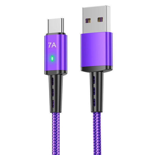 USLION US0188 2m USB to Type-C Braided Cable 7A Phone Fast Charging Cord - Purple