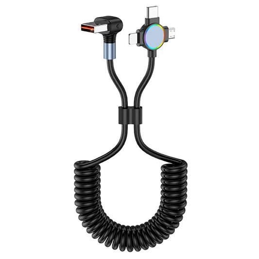 USB to Micro+Type-C+Ip 3-in-1 Fast Charging Spring Cable Support Carplay - T-Shaped Elbow