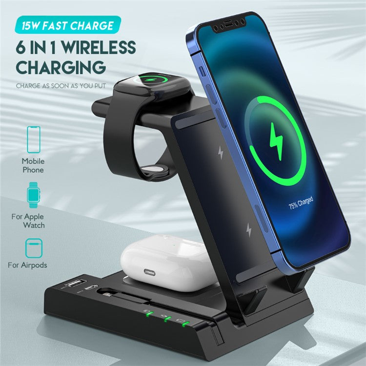 D2 6 in 1 Wireless Charger Dock Station with Type-C Port [Support Wireless and Wired Output] - Black
