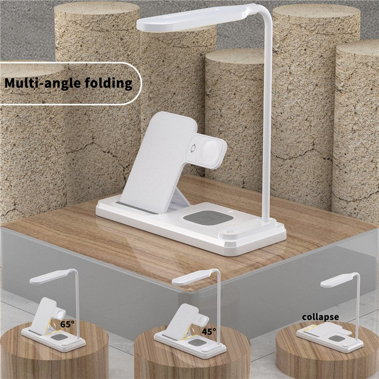 HT-503 Folding 15W Wireless Charger for Phone / Watch / Earbuds with Touch Control LED Table Lamp - White