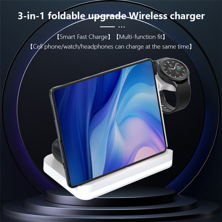 B26 For Samsung Watch Wireless Charger Foldable Phone Earphone Smartwatch 3-in-1 Charging Stand - Black