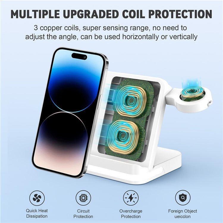 B26 For Samsung Watch Wireless Charger Foldable Phone Earphone Smartwatch 3-in-1 Charging Stand - White