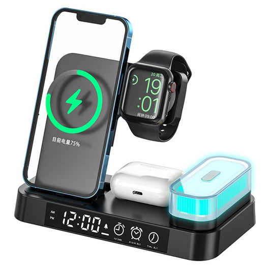 A37 3-in-1 For Cell Phone Watch 15W Wireless Charger Folding Design Alarm Clock 20W Type C Port RGB LED Night Light - Black