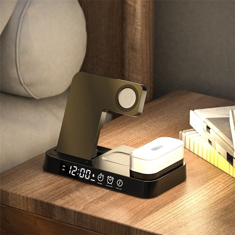 A37 3-in-1 For Cell Phone Watch 15W Wireless Charger Folding Design Alarm Clock 20W Type C Port RGB LED Night Light - Black