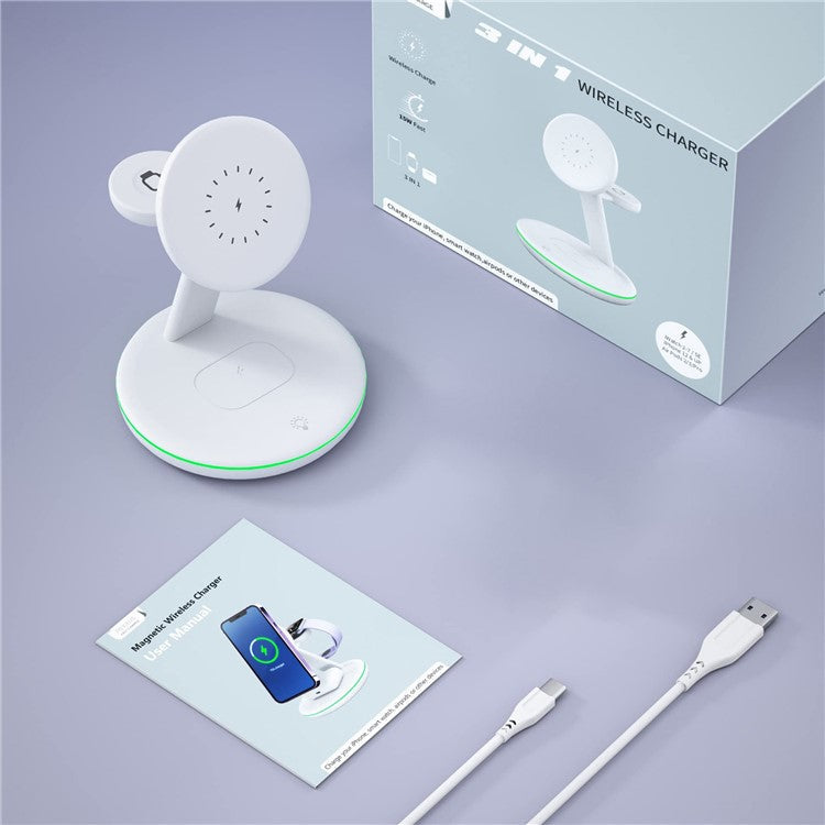 W309 3-in-1 15W Max Magnetic Wireless Charger with Ambient Light for Apple Watch / Mobile Phone / Earbuds