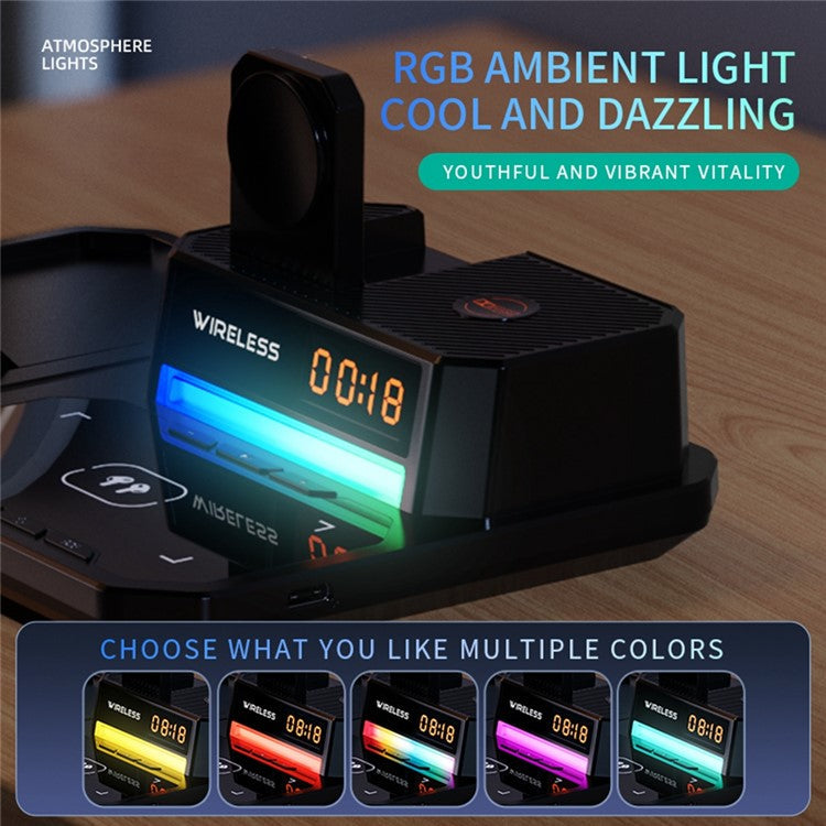 C18 6-in-1 Wireless Charger Digital Charging Station with Bluetooth Speaker RGB Light - Black