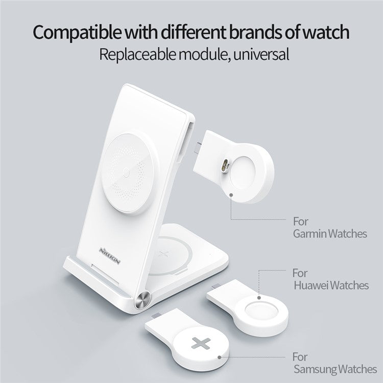 NILLKIN Powertrio 3 in 1 Compatible with MagSafe Wireless Charger Mobile Phone / Earphone / Smart Watch Folding Charing Dock, with Huawei Watch Charger (EU Plug)