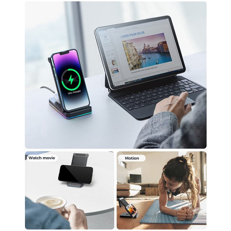 JOYROOM JR-WQN01 15W Wireless Charger 3-In-1 Foldable Phone Stand Holder Desktop Watch Earphone Magnetic Charging Pad with 1m USB to Type-C Cable