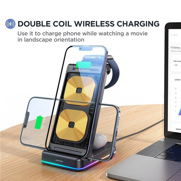 JOYROOM JR-WQN01 15W Wireless Charger 3-In-1 Foldable Phone Stand Holder Desktop Watch Earphone Magnetic Charging Pad with 1m USB to Type-C Cable