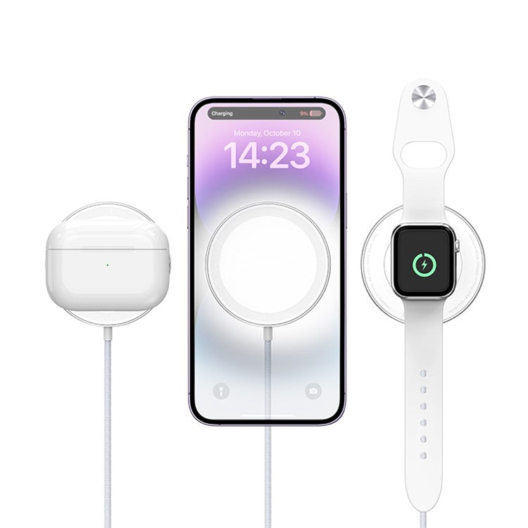 WA23 Magnetic Wireless Charger with Type-C / USB 2.0 Input 18W Fast Charging Desktop Charging Dock for Apple Watch / Mobile Phone / Earbuds - White