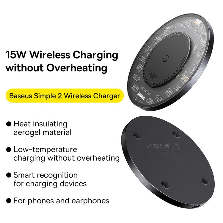 BASEUS Simple 2 15W Fast Charging Transparent Wireless Charger with 1m Type-C To Type-C Cable - Black