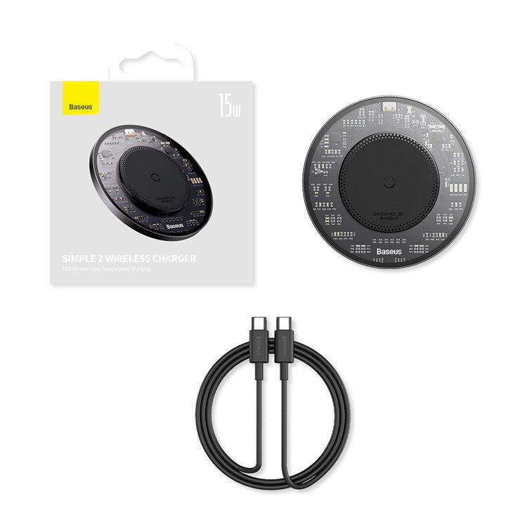 BASEUS Simple 2 15W Fast Charging Transparent Wireless Charger with 1m Type-C To Type-C Cable - Black