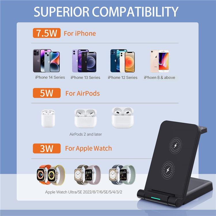 H23 Wireless Charging Station Foldable 3-in-1 Wireless Charger Stand ABS Charge Dock for iPhone 8 Above / iWatch / AirPods