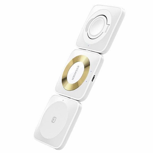 ESSAGER 3-in-1 Combination 15W Magnetic Wireless Charger Folding Portable Cell Phone Charging Base for Headset / Earbuds - White