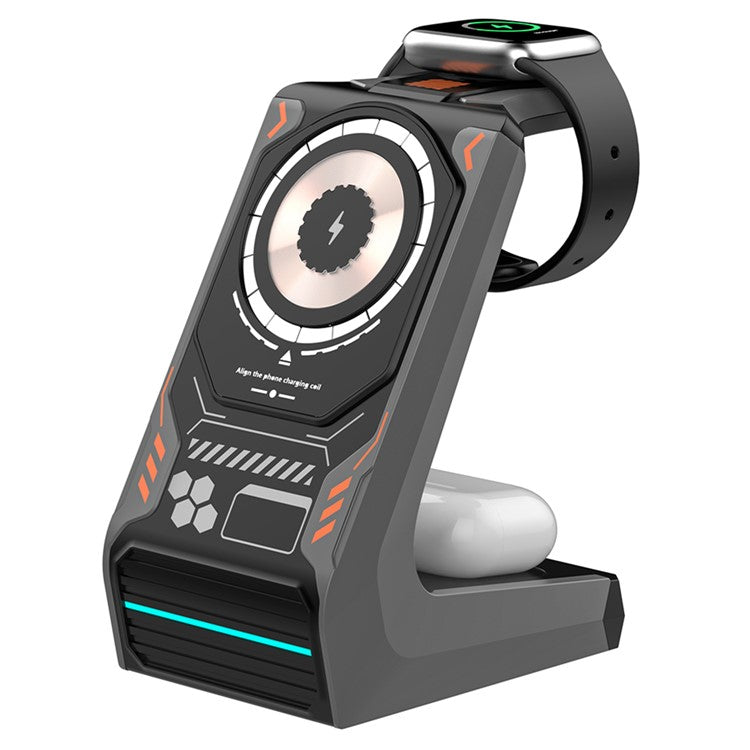 T21 3-in-1 Wireless Charging Station Mecha Charger Dock for Mobile Phone / Watch / Earbuds - Grey