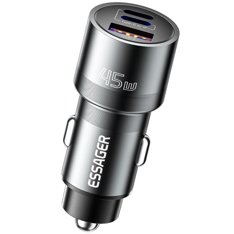 ESSAGER PD 45W Fast Charging Aluminum Alloy Type-C+Ip+USB-A 3-port Car Charger Adapter - Grey