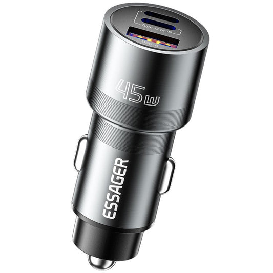 ESSAGER PD 45W Fast Charging Aluminum Alloy Type-C+Ip+USB-A 3-port Car Charger Adapter - Grey