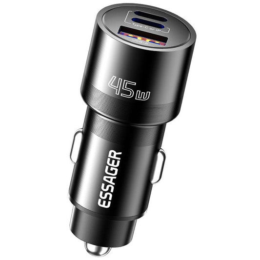 ESSAGER PD 45W Fast Charging Aluminum Alloy Type-C+iP+USB-A 3-port Car Charger Adapter - Black