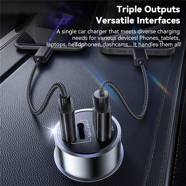 ESSAGER PD 45W Fast Charging Aluminum Alloy Type-C+iP+USB-A 3-port Car Charger Adapter - Black