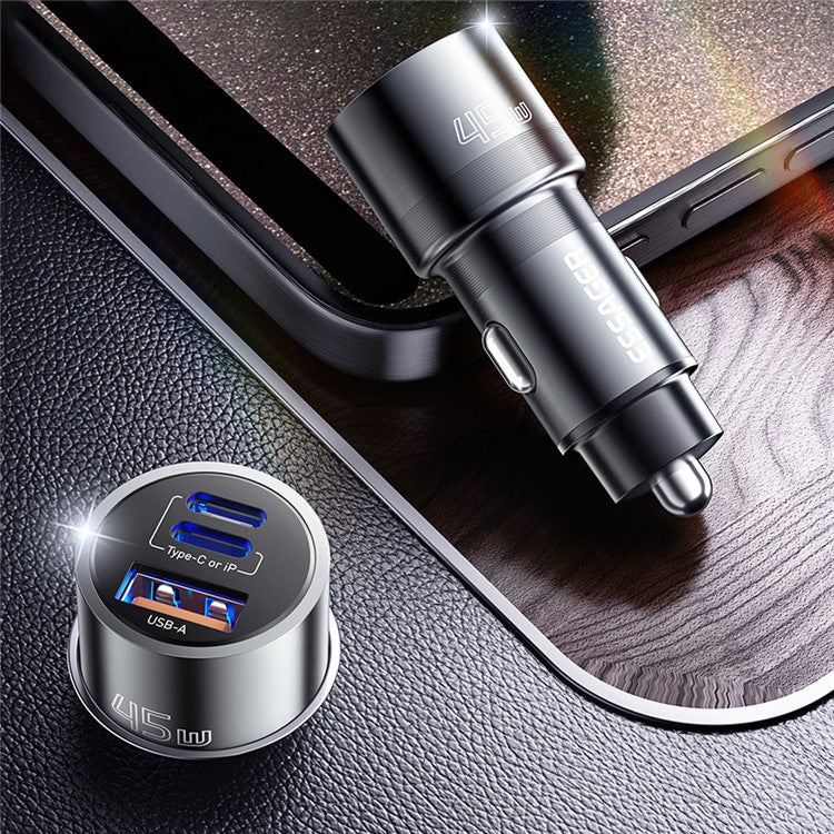 ESSAGER PD 45W Fast Charging Aluminum Alloy Type-C+iP+USB-A 3-port Car Charger Adapter - Black