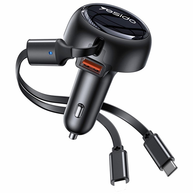 YESIDO Y61 53W Fast Charging Car Charger with USB Port and 2-in-1 Retractable Ip+Type-C Cable