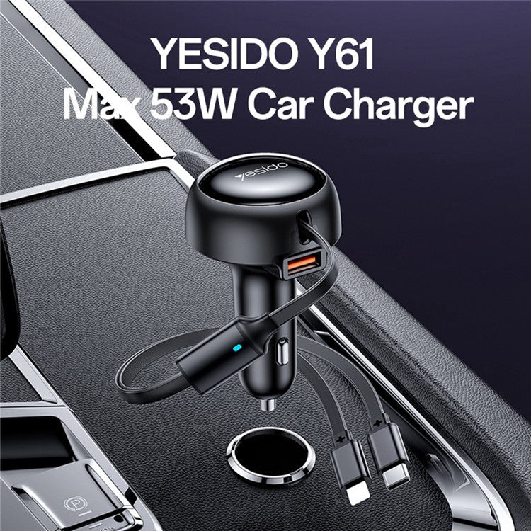 YESIDO Y61 53W Fast Charging Car Charger with USB Port and 2-in-1 Retractable Ip+Type-C Cable