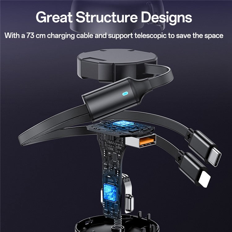 YESIDO Y61 53W Fast Charging Car Charger with USB Port and 2-in-1 Retractable Ip+Type-C Cable