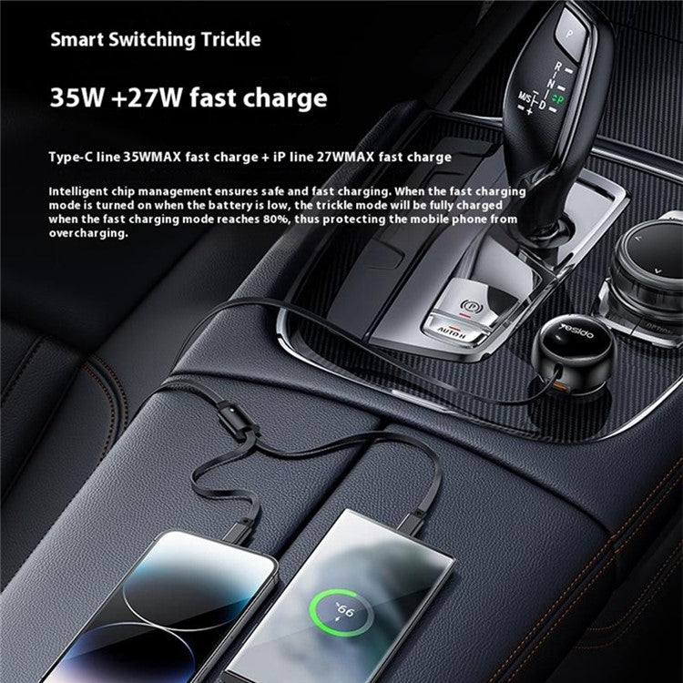 YESIDO Y61 53W Fast Charging Car Charger with USB Port and 2-in-1 Retractable Ip+Type-C Cable