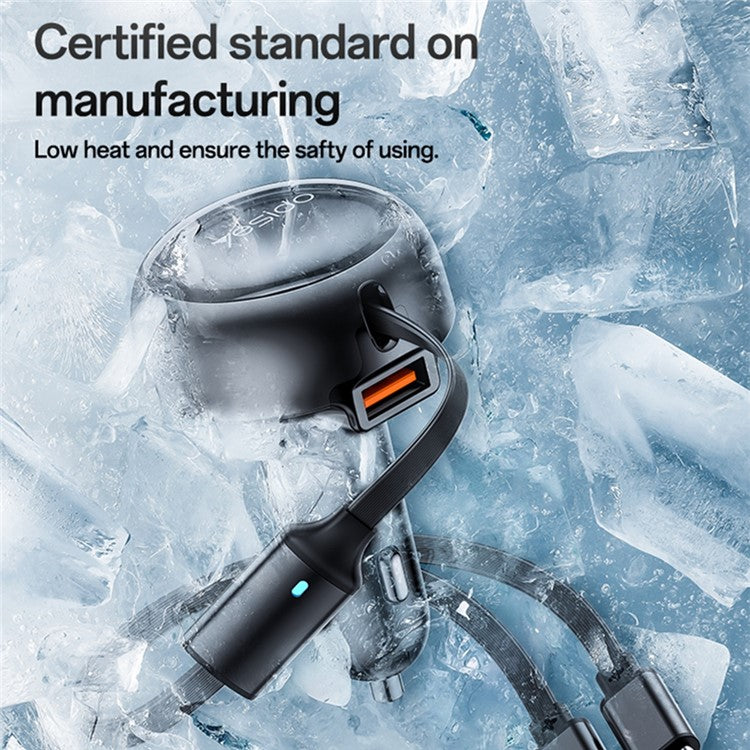 YESIDO Y61 53W Fast Charging Car Charger with USB Port and 2-in-1 Retractable Ip+Type-C Cable