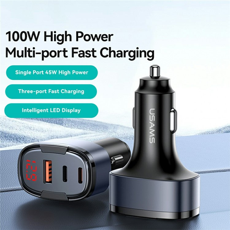 USAMS CC257 C42 100W Type-C + USB + iP Three Ports Aluminum Alloy Fast Car Charger