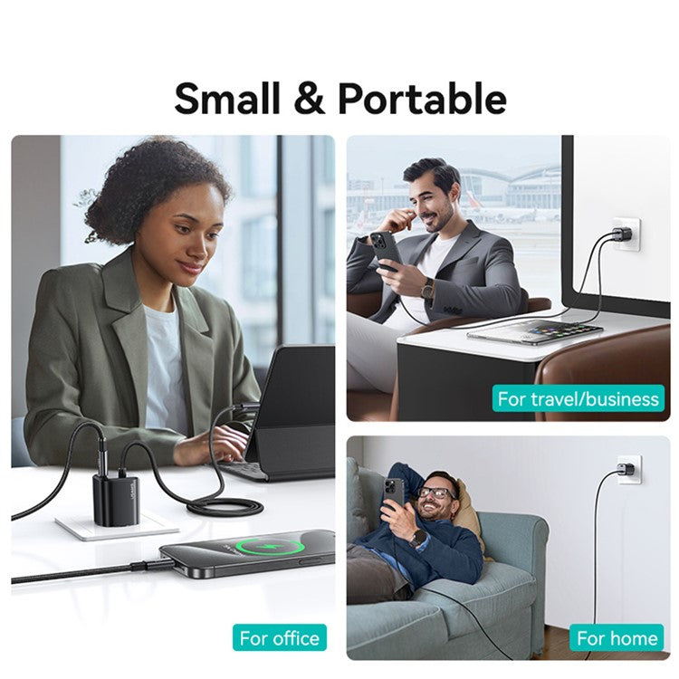 USAMS CC264 GaN Fast Charger Block 30W Dual Port Wall Charger with Type-C Cable, EU Plug - Black