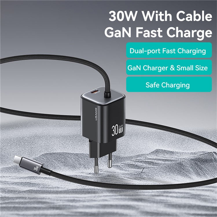 USAMS CC264 GaN Fast Charger Block 30W Dual Port Wall Charger with Type-C Cable, EU Plug - White