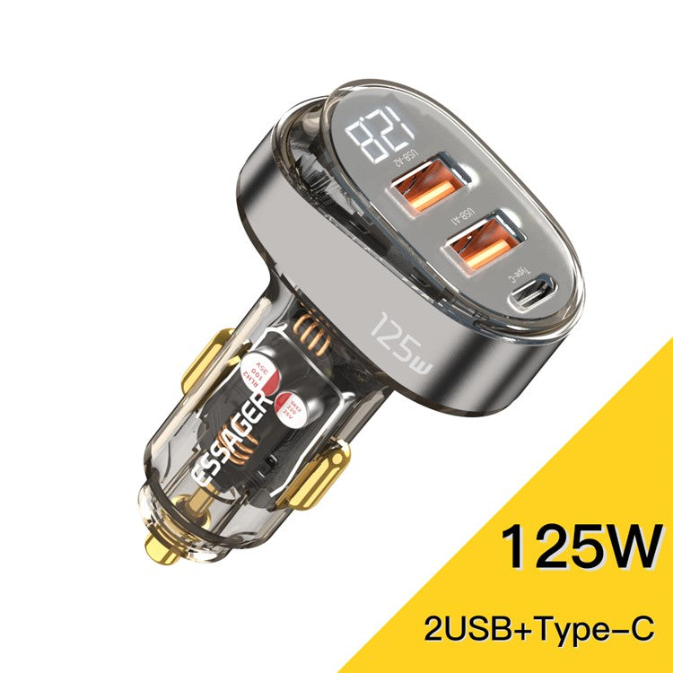 ESSAGER 125W Transparent Dual USB + 1 Type-C Phone Fast Charging Car Charger Digital Display Power Adapter - Coffee