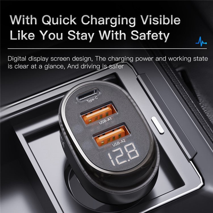 ESSAGER 125W Transparent Dual USB + 1 Type-C Phone Fast Charging Car Charger Digital Display Power Adapter - Coffee