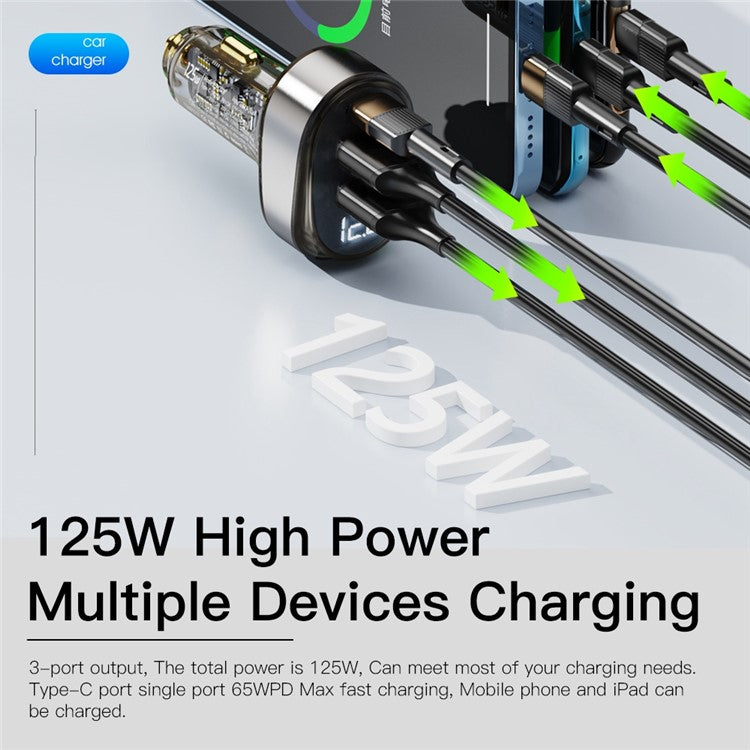 ESSAGER 125W Transparent Dual USB + 1 Type-C Phone Fast Charging Car Charger Digital Display Power Adapter - Coffee