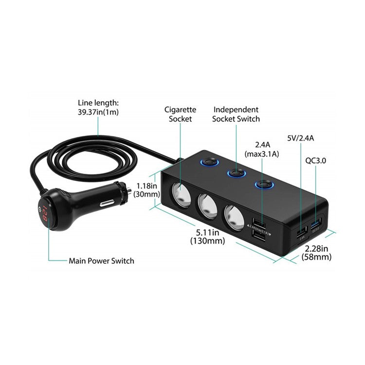 TR30 120W 4 USB Ports Car Charger 3 Cigarette Lighter Sockets Voltage Digital Display QC3.0 Charging Adapter with Independent Switch