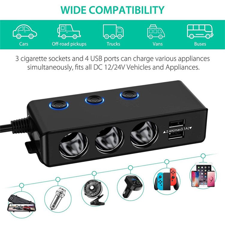 TR30 120W 4 USB Ports Car Charger 3 Cigarette Lighter Sockets Voltage Digital Display QC3.0 Charging Adapter with Independent Switch