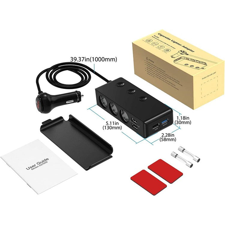 TR30 120W 4 USB Ports Car Charger 3 Cigarette Lighter Sockets Voltage Digital Display QC3.0 Charging Adapter with Independent Switch