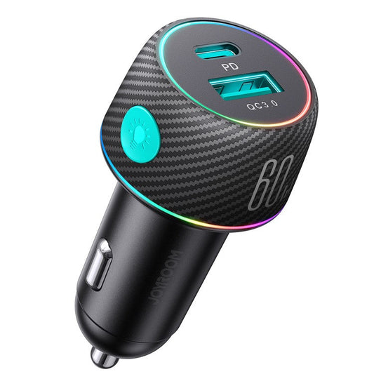JOYROOM CCN01 60W USB-A+Type-C Fast Car Charger Colorful Button Cigarette Lighter Charger QC3.0 + PD Car Charger