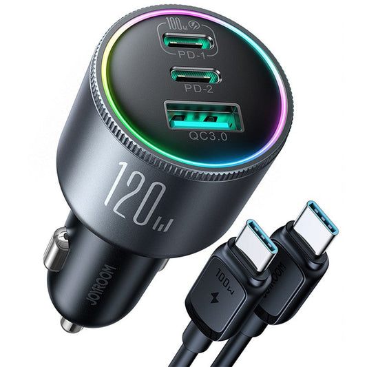 JOYROOM JR-CCN07 120W Super Fast Charging 3-Port Car Charger 2 Type-C + USB Car Charger Set with Type-C to Type-C Data Cable