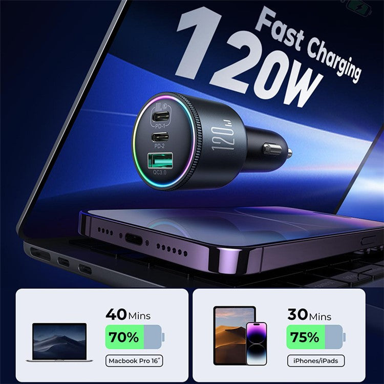 JOYROOM JR-CCN07 120W Super Fast Charging 3-Port Car Charger 2 Type-C + USB Car Charger Set with Type-C to Type-C Data Cable