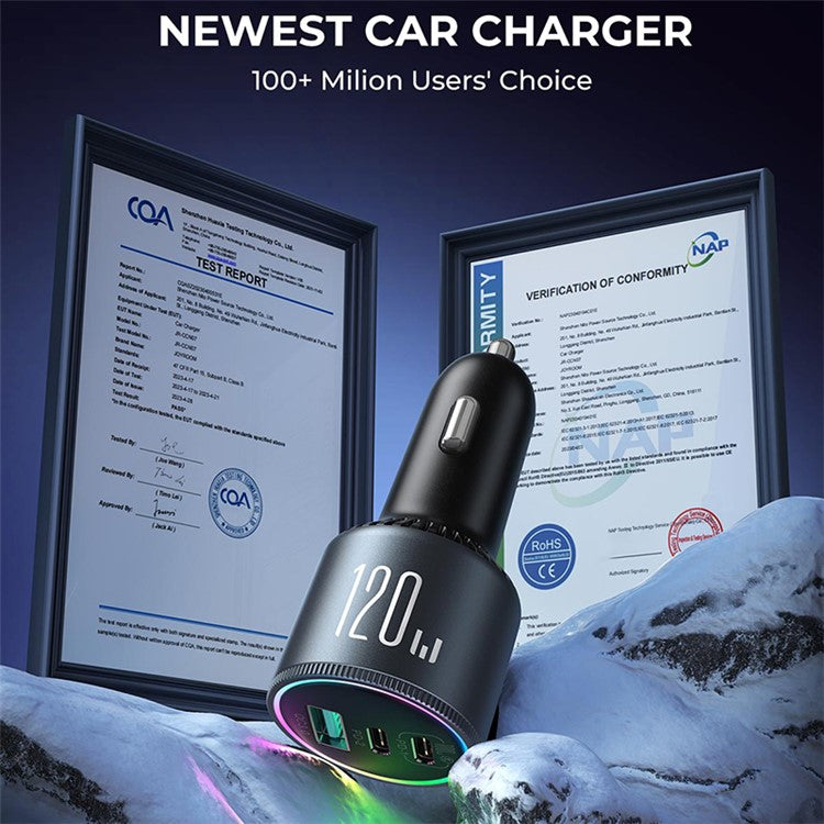 JOYROOM JR-CCN07 120W Super Fast Charging 3-Port Car Charger 2 Type-C + USB Car Charger Set with Type-C to Type-C Data Cable