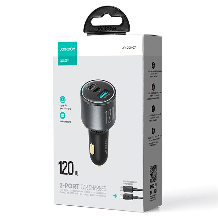 JOYROOM JR-CCN07 120W Super Fast Charging 3-Port Car Charger 2 Type-C + USB Car Charger Set with Type-C to Type-C Data Cable