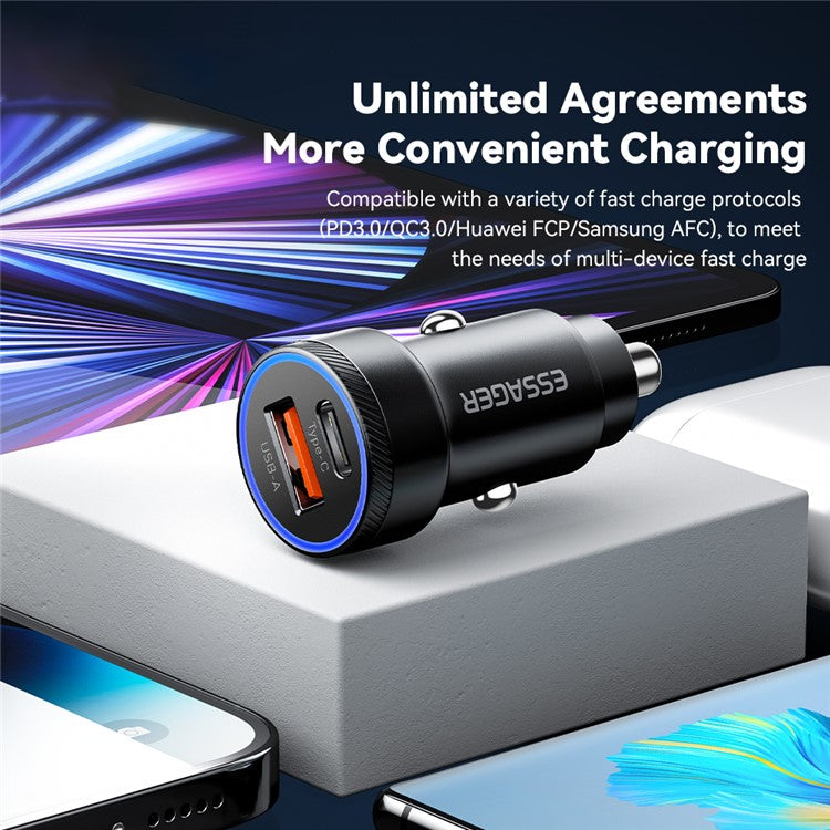 ESSAGER 54W USB+Type-C Phone Fast Charging Adapter ABS+Aluminum Alloy Mini Car Charger - Grey