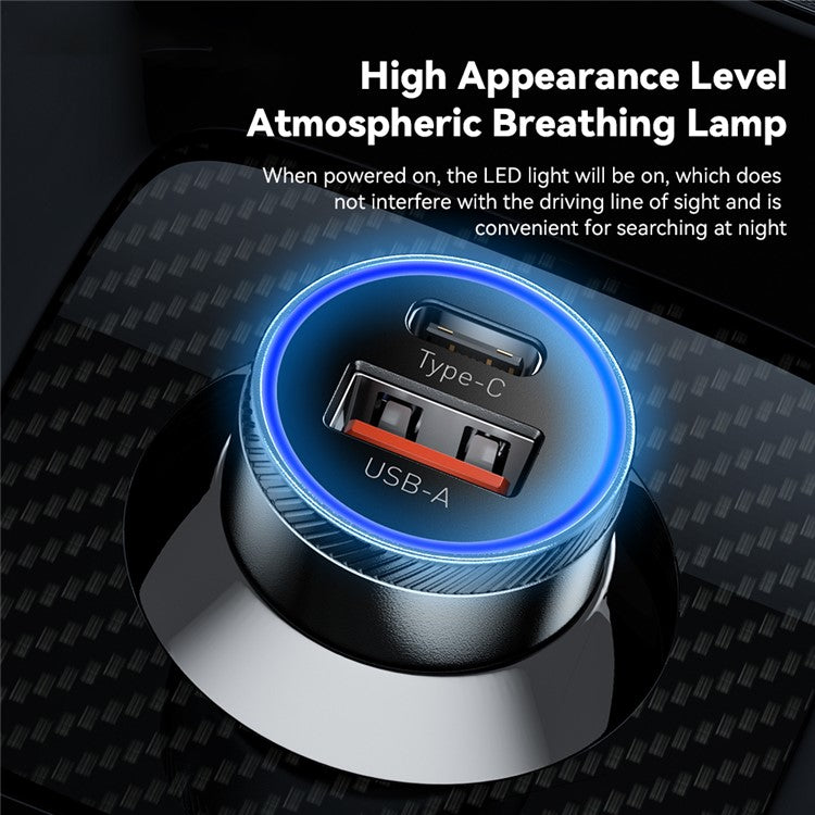 ESSAGER 54W USB+Type-C Phone Fast Charging Adapter ABS+Aluminum Alloy Mini Car Charger - Grey