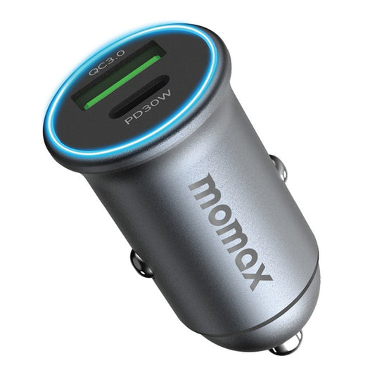 MOMAX PD 30W Type-C+USB Phone Fast Charging Adapter ABS+Aluminum Alloy Car Charger (CE Certified) - Dark Grey