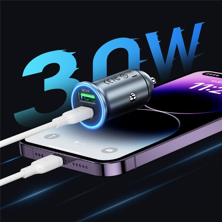 MOMAX PD 30W Type-C+USB Phone Fast Charging Adapter ABS+Aluminum Alloy Car Charger (CE Certified) - Dark Grey