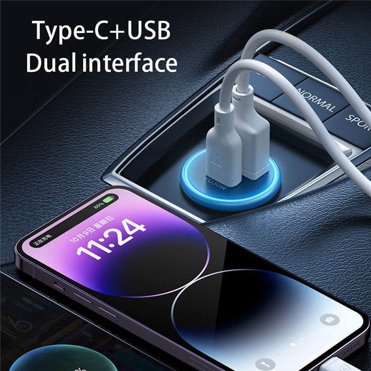 MOMAX PD 30W Type-C+USB Phone Fast Charging Adapter ABS+Aluminum Alloy Car Charger (CE Certified) - Dark Grey