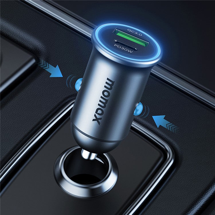MOMAX PD 30W Type-C+USB Phone Fast Charging Adapter ABS+Aluminum Alloy Car Charger (CE Certified) - Dark Grey