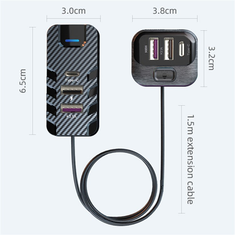 YQ2 4 USB + 2 Type-C Car Charger with 1.5m Extension Cable for Front and Rear Seats